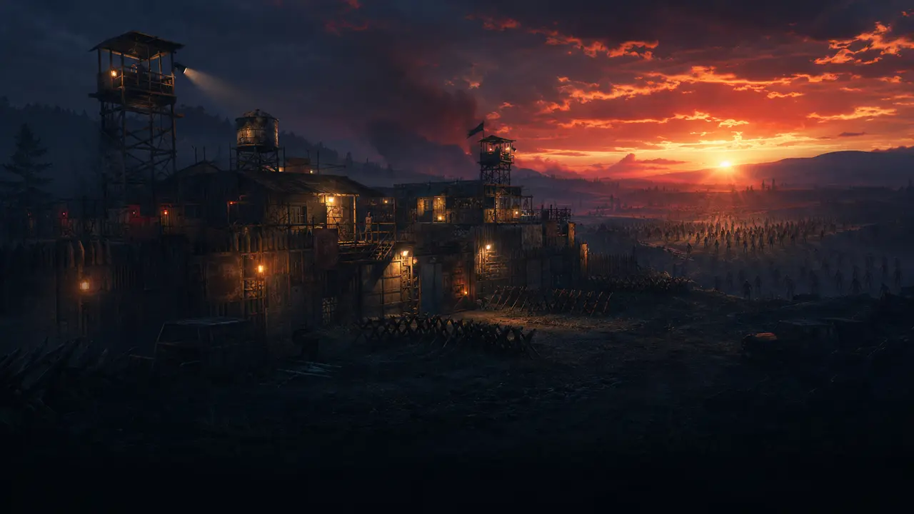 A fortified survivor base facing a horde at sunset