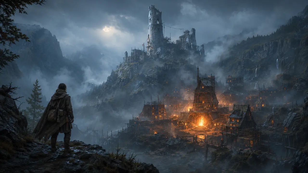 A fantasy settlement glowing above a mist-filled valley