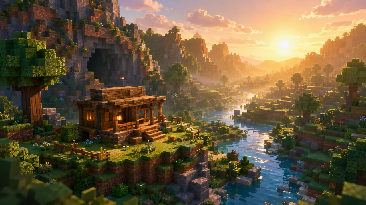 A colorful block-built landscape with a shelter, river, and cave