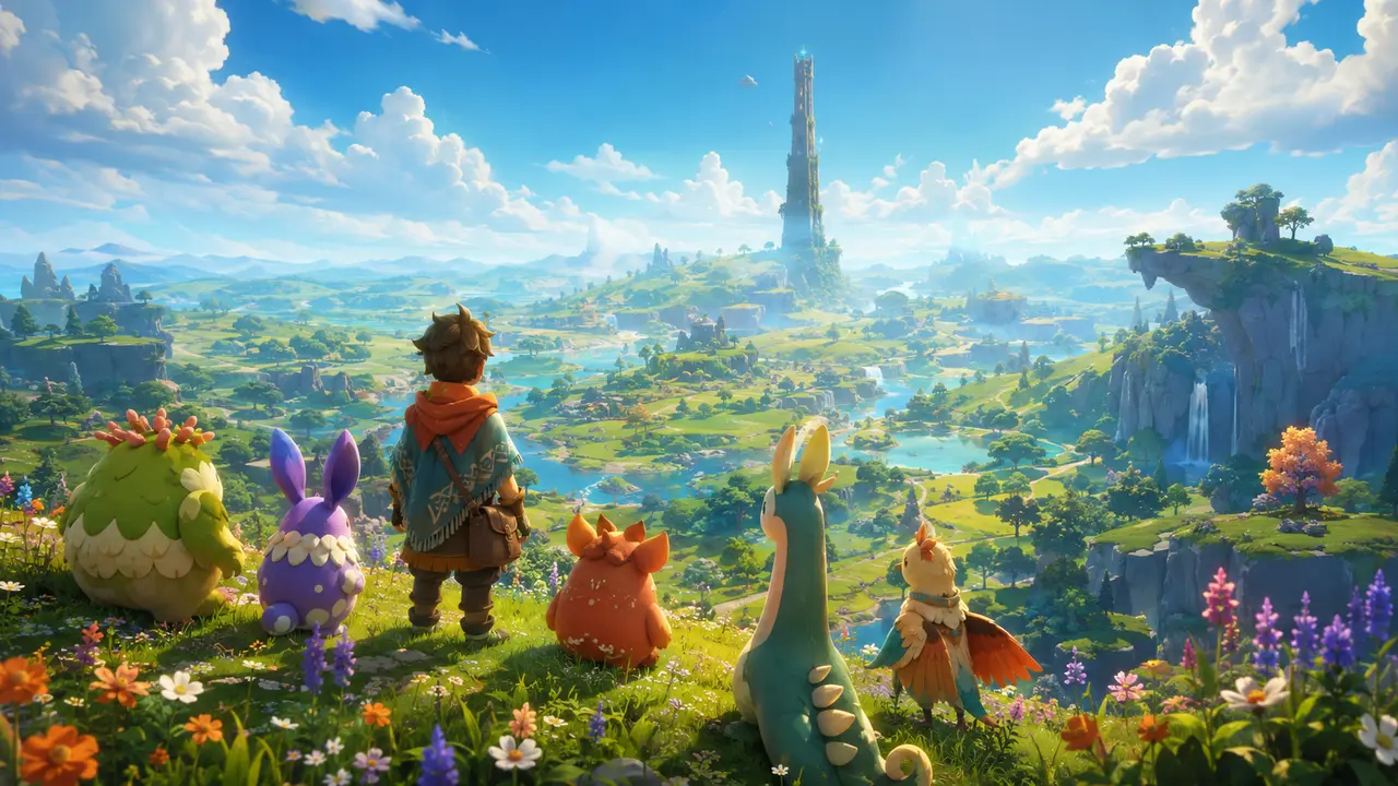 A fantasy survival valley with an adventurer and friendly creatures