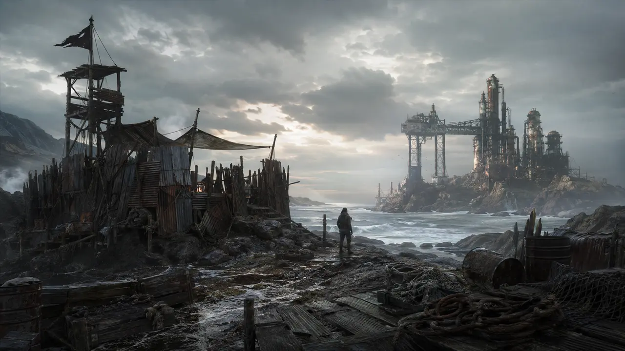 A rugged coastal survival base built from wood and metal