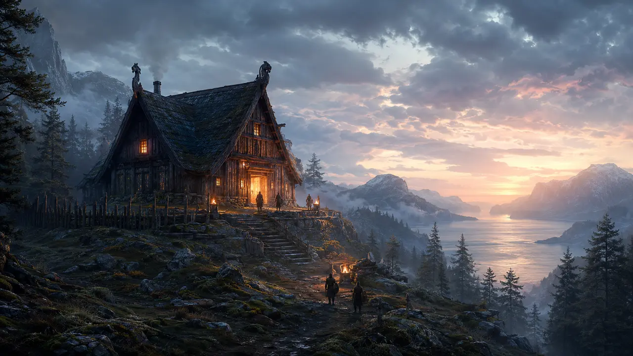 A Nordic-inspired longhouse overlooking a misty forest and fjord